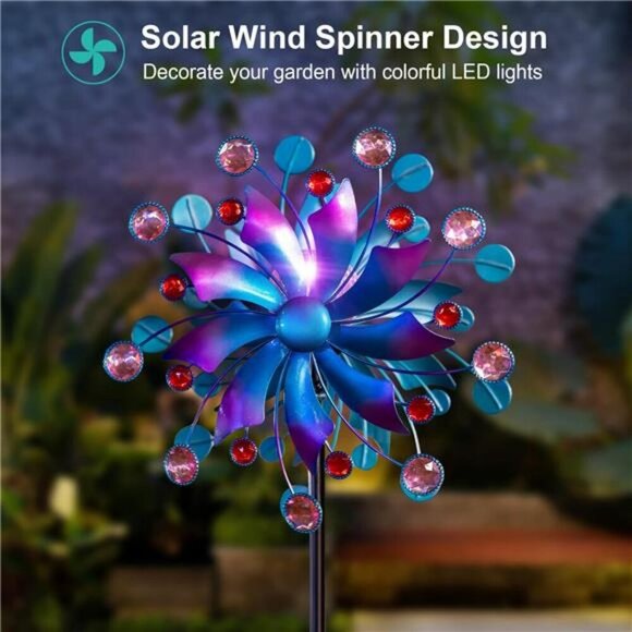 Solar Wind Spinner Outdoor Metal Kinetic Garden Decor LED Color Changing - Picture 3 of 7